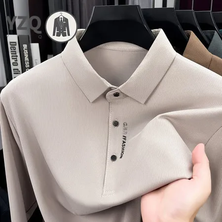 Autumn Mens Business Polo Shirts Long Sleeve Lapel Design Wrinkle Free Stretch Material Button Placket Casual Male Apparel
