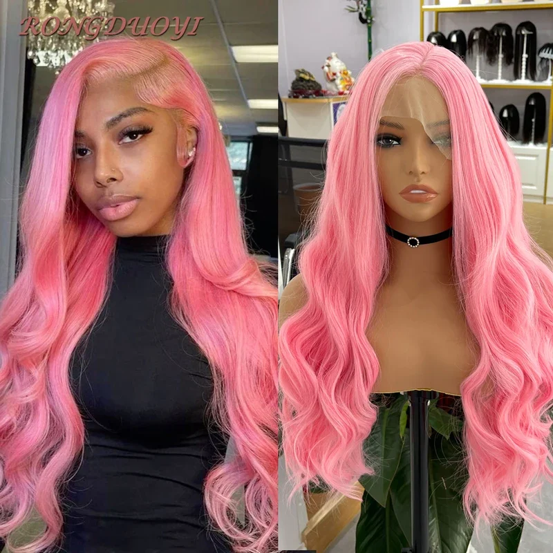 RONGDUOYI Pink Wig Long Wave Lace Front Wig For Women Lace Synthetic Hair Heat Resistant Body Wave Blue Wig Cosplay Lace Wig