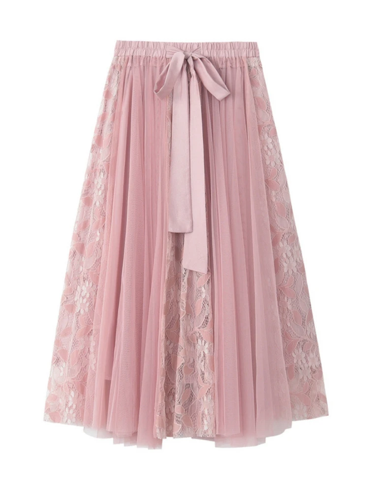 

Женская Повседневная юбка-пачка с высокой талией, универсальная сетчатая юбка с кружевом и вышивкой в Корейском стиле, новинка весны-лета 2024