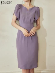 Women Waisted Wrapped Vestidos ZANZEA Elegant Solid Midi Dress Office Lady Ruffled Sleeve Sundress Holiday Summer V-neck Dresses