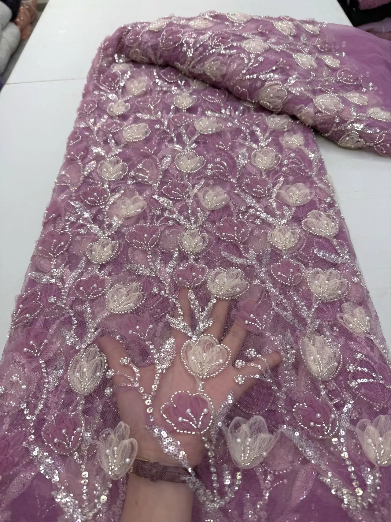 African Lace Fabric (5Yards) Luxury French Guipure Beaded Tulle Sequins Embroidery for Bridal Couture Wedding Dress & Party Gown