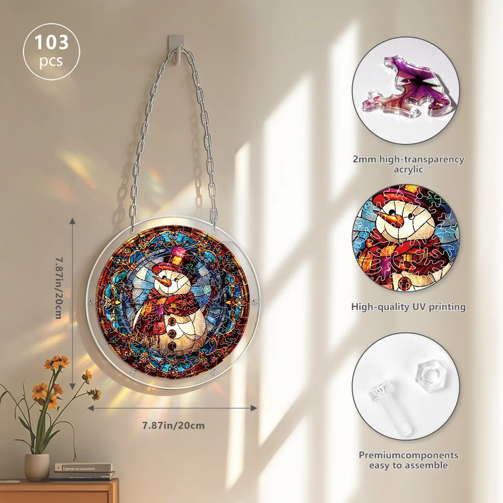DIY Christmas Snowman Acrylic Puzzle Suncatcher 103Pcs 20cm Window Hanging Ornament Decor