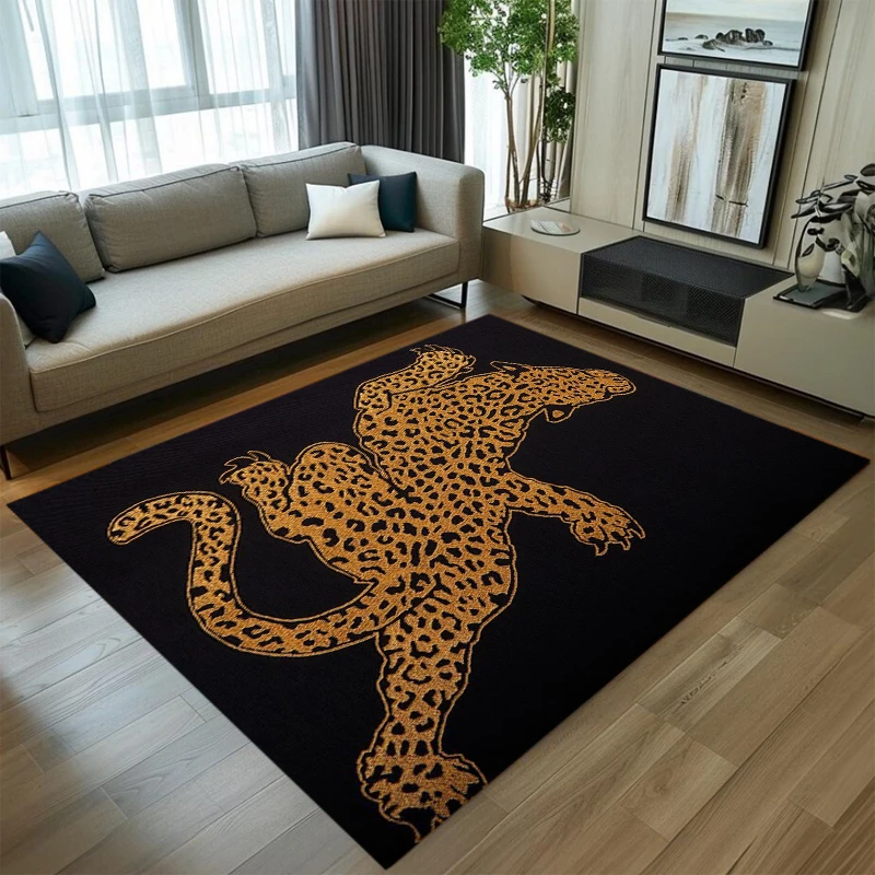 Black & Gold Leopard Print Area Rug Modern Animal Pattern NonSlip Washable Floor Mat for Living Room Bedroom Home Decor
