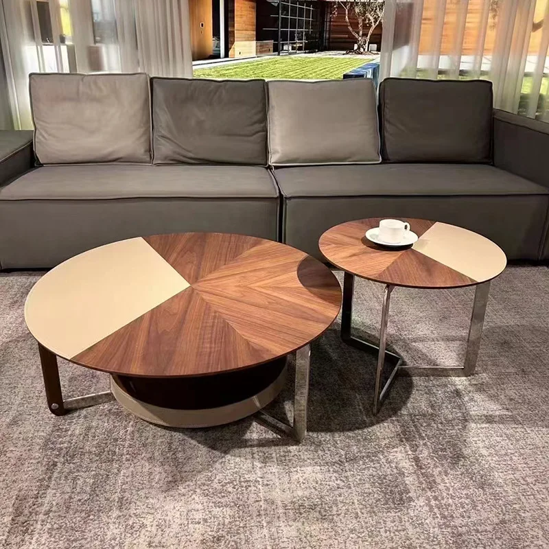 

Saddle leather solid wood double coffee table new Italian minimalist round combination living room designer solid wood