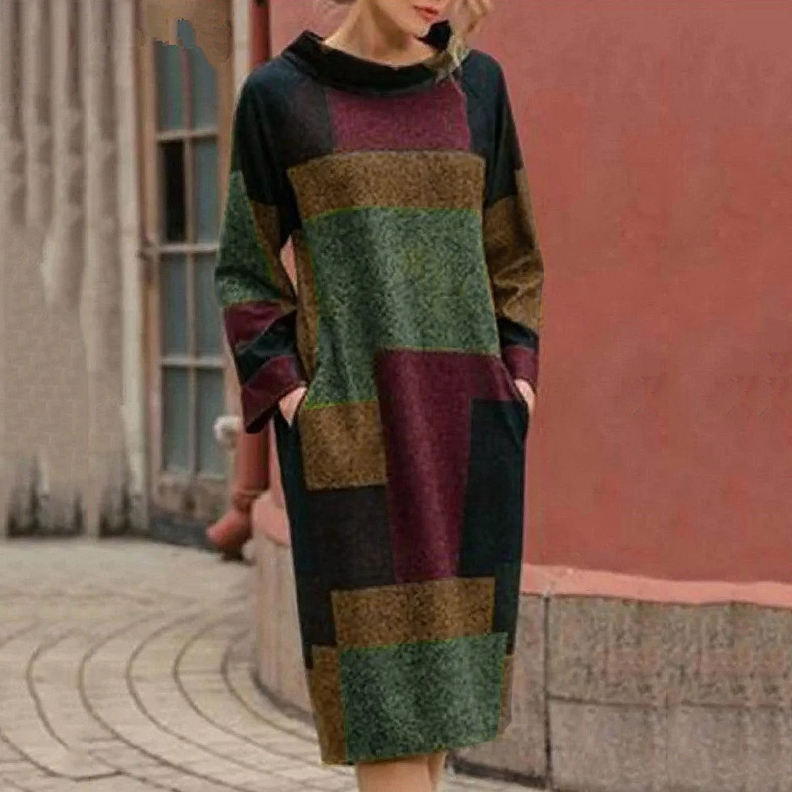 Vintage Patchwork Dress Lady Autumn Winter New Large Size Long-Sleeved Woman Sweatshirt Dresses Loose Mid-length Dress Robe