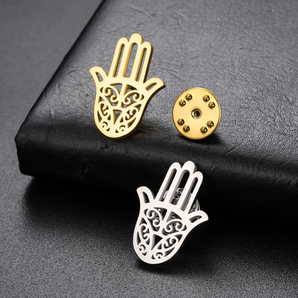 Vintage Hamsa Hand Brooch Filigree Hand of Fatima Protection Amulet Lapel Pin Stainless Steel Accessories Costumes Badge