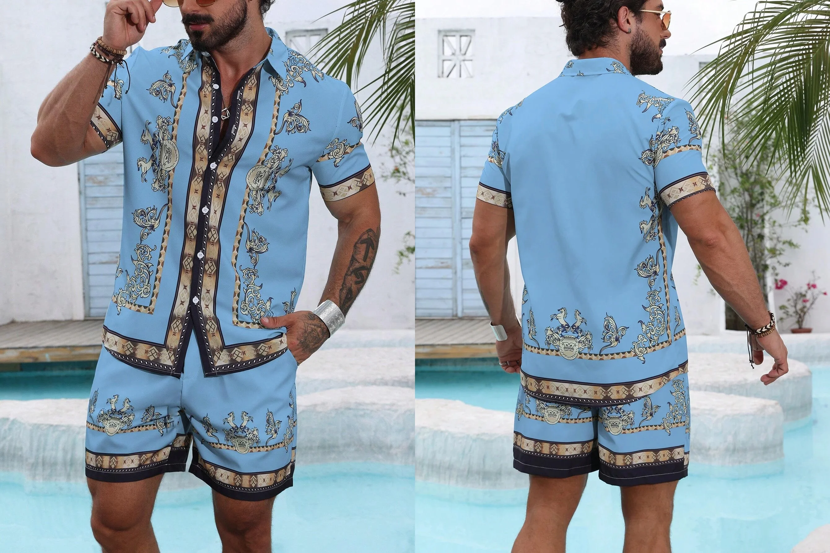

Men's Luxury Shirt Sets Funny 3D Print Clothing Fashion Lapel Short Sleeve Shirt+Shorts 2 Piece Outfit Summer Casual Loose Suit