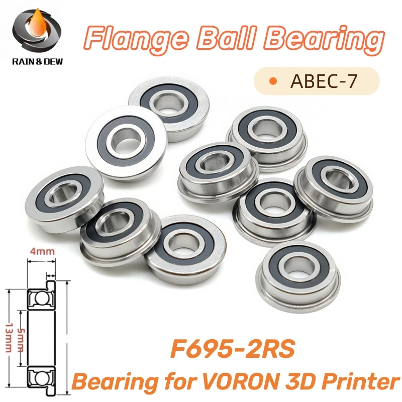 10Pcs F695 2RS Bearing 5*13*4 mm  ABEC-7 Flanged Miniature F695 RS Ball Bearings F695RS For VORON