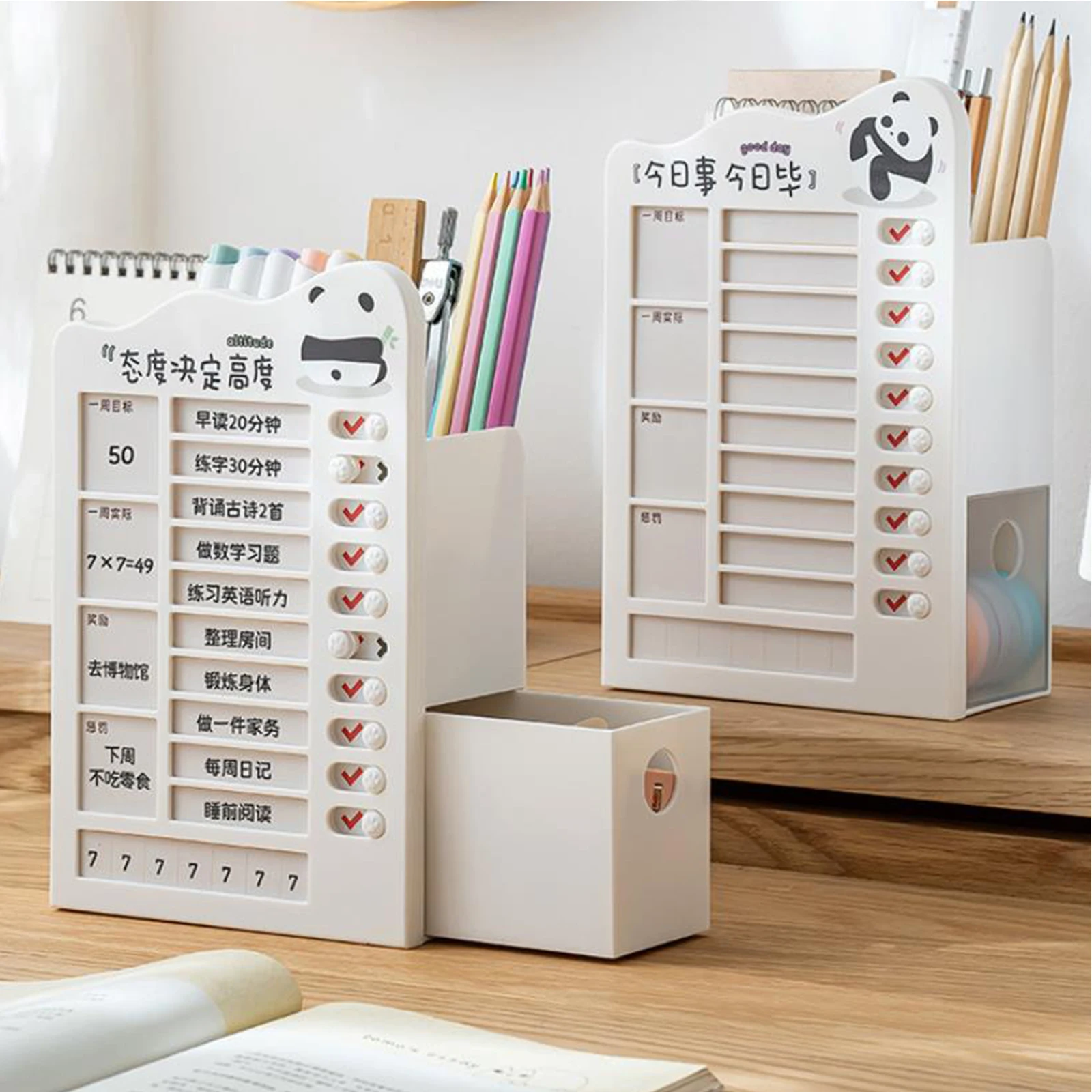 Cute Panda Plastic Self-Disciplined Memo Checklist Board With Drawer With Pen Holder Desktop Stroage Punch Schedule Memo Board