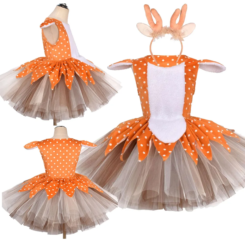 Elk Cosplay Tutu Dress Headwear Stage Performance Costume Kids Girl Top Skirt Children Outfits Halloween Carnival Party  Suit