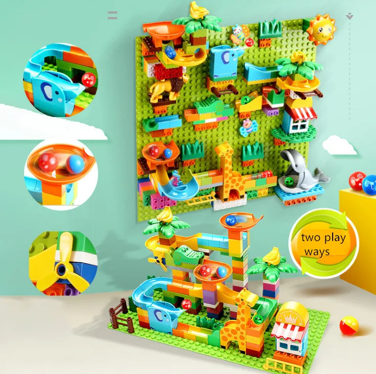 Grands blocs de construction de course de marbre pour enfants, jouets en briques, toboggan compatible, tunnel de dinosaure, boule roulante d\'élan,