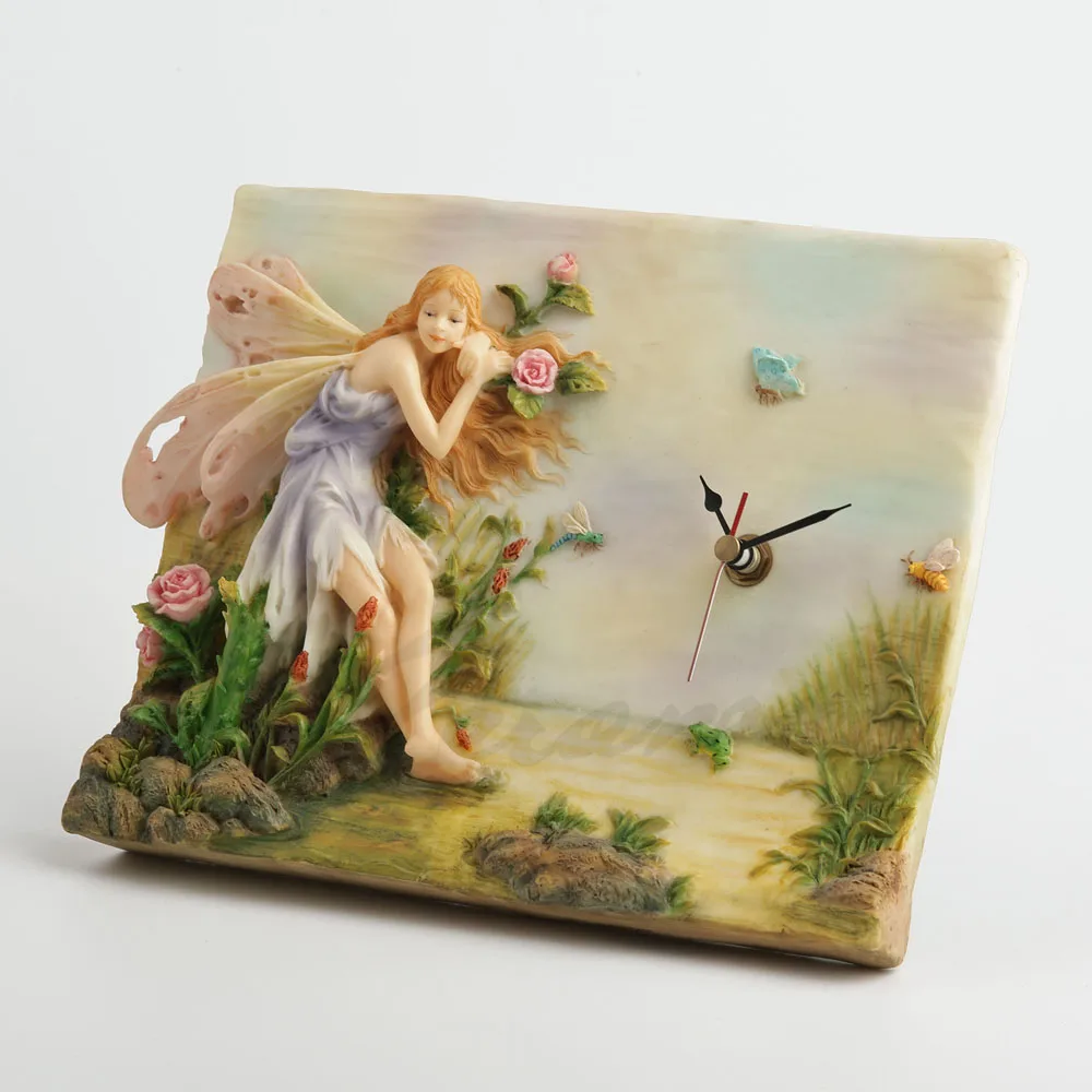 3D Relief Resin Fairy Wall Clock Sitting by Roses Stream with Butterfly Bee Frog Scenery Elf Wall Hanging Clock Home Art Decor