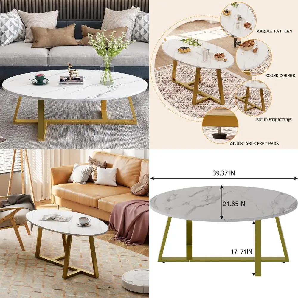 

Современный овальный белый журнальный столик из искусственного мрамора с золотыми металлическими ножками для небольших жилых помещений