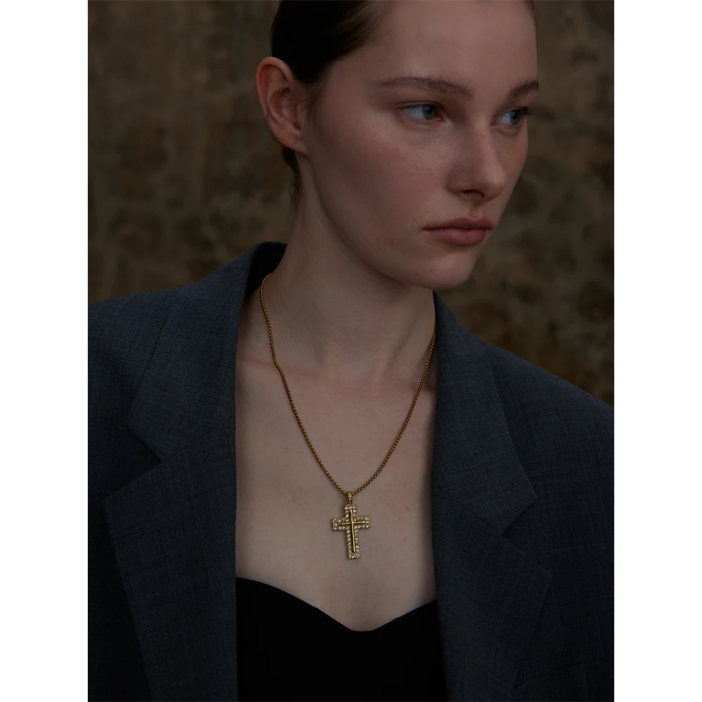Yhpup 316L Cubic Zirconia Cross Necklace Pendant 18K Gold Color Plated Stainless Steel Fashion Classic Unisex Jewelry Men Women