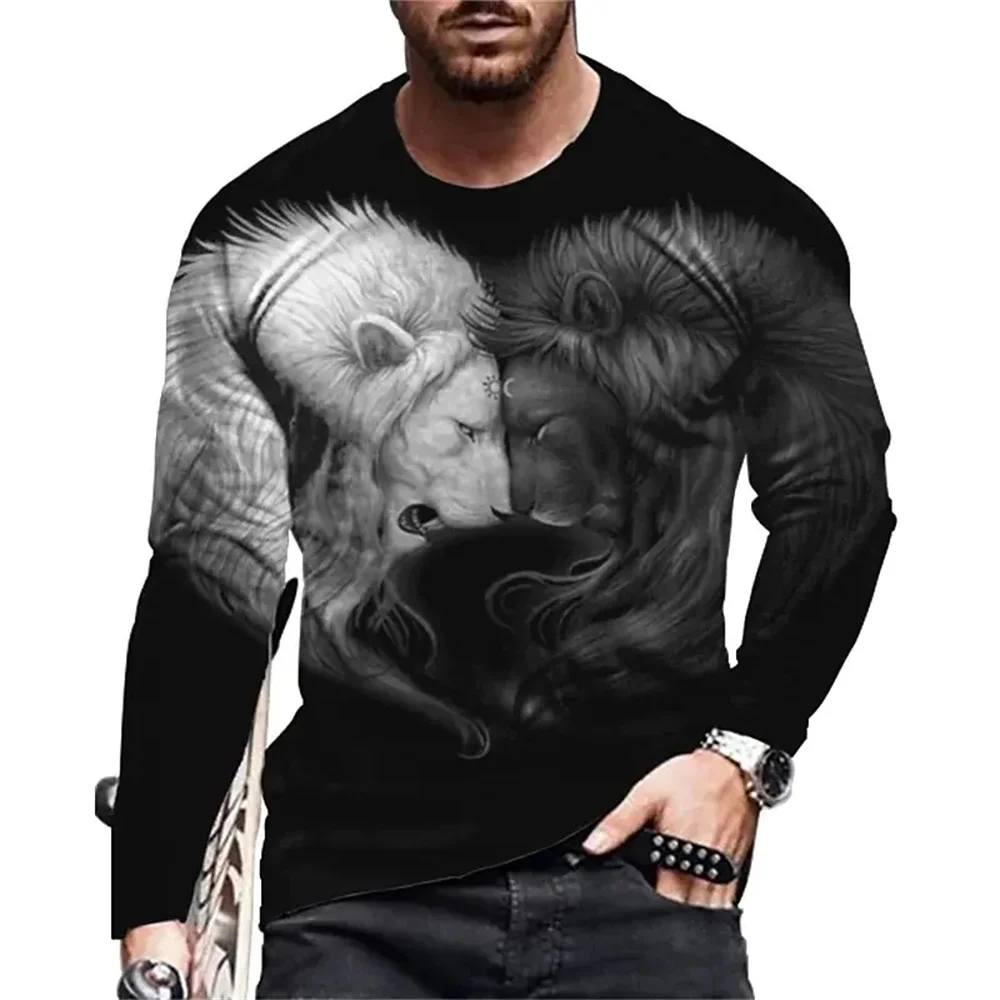 Vintage Animal Lion 3d Print Summer Men\'s Round Neck T-shirt Casual Long Sleeve Oversized T Shirt Fashion Pullover Men Clothing