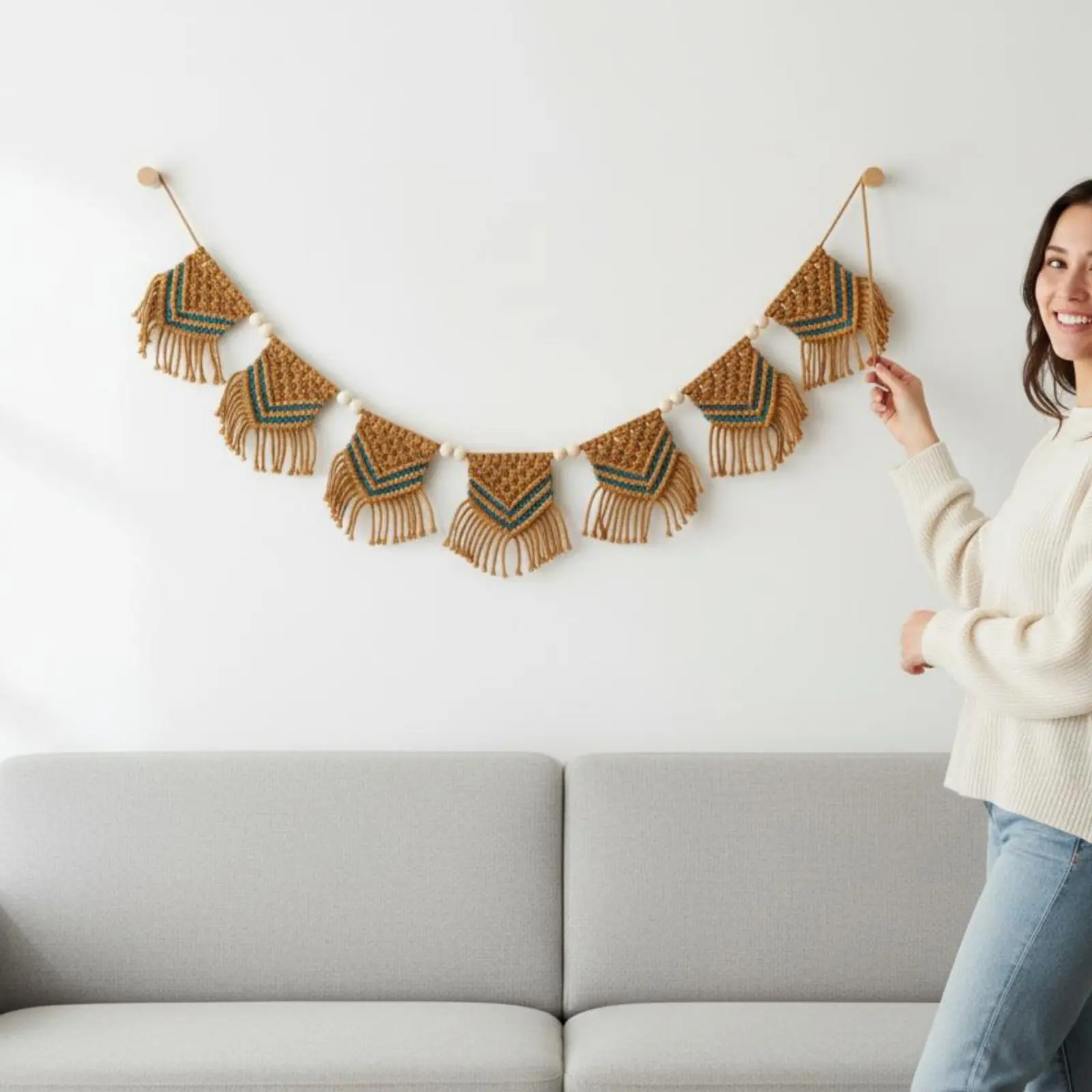 Triangle Pennant Tapestry Handmade Macrame Wall Hanging Cotton Rope Tassel Banner Ready to Hang Cotton Tassel Banner