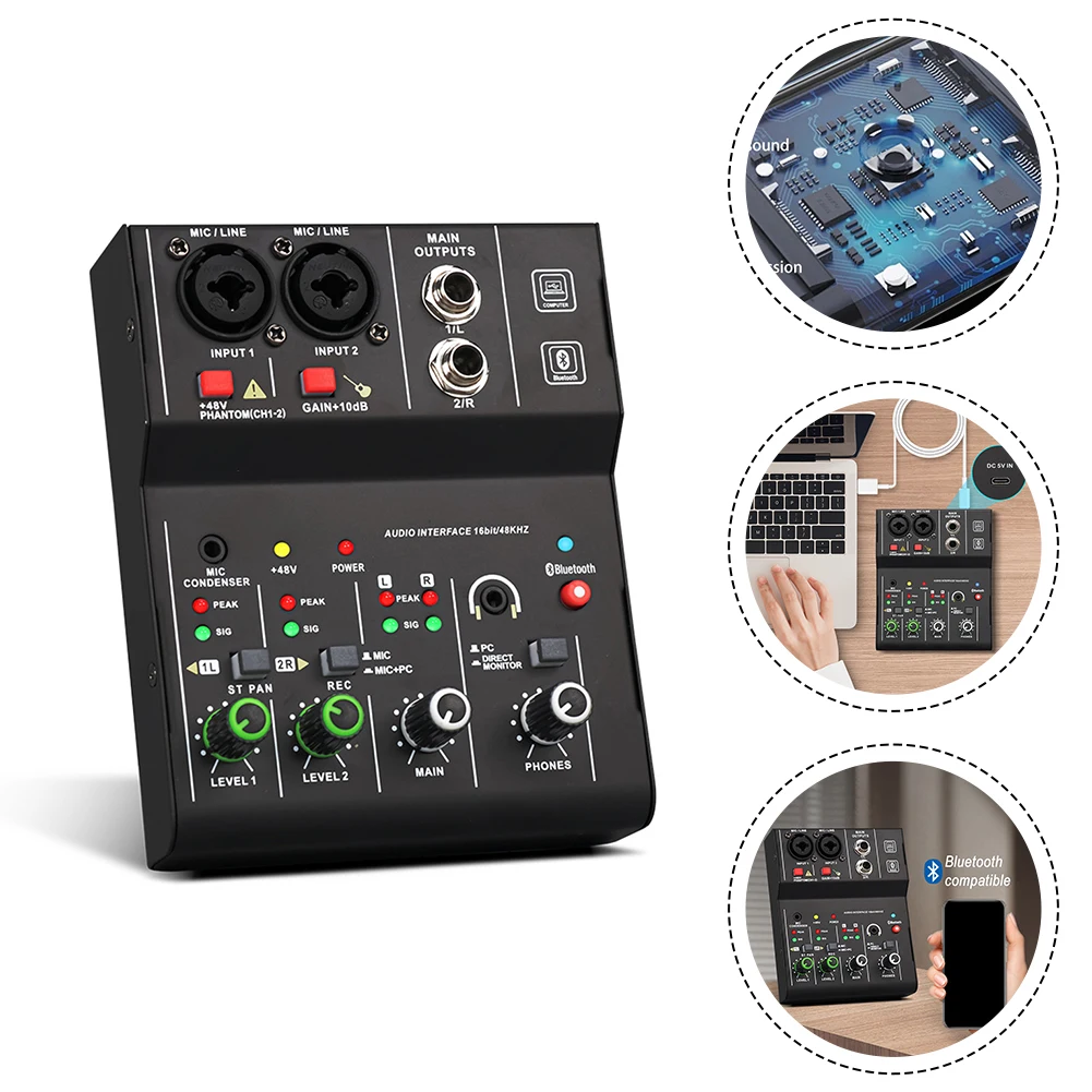 

2 Channels Audio Interface Sound Card Mixing Console Audio Mixer Blue-tooth Compatible For Guitar Recording Studio Singing