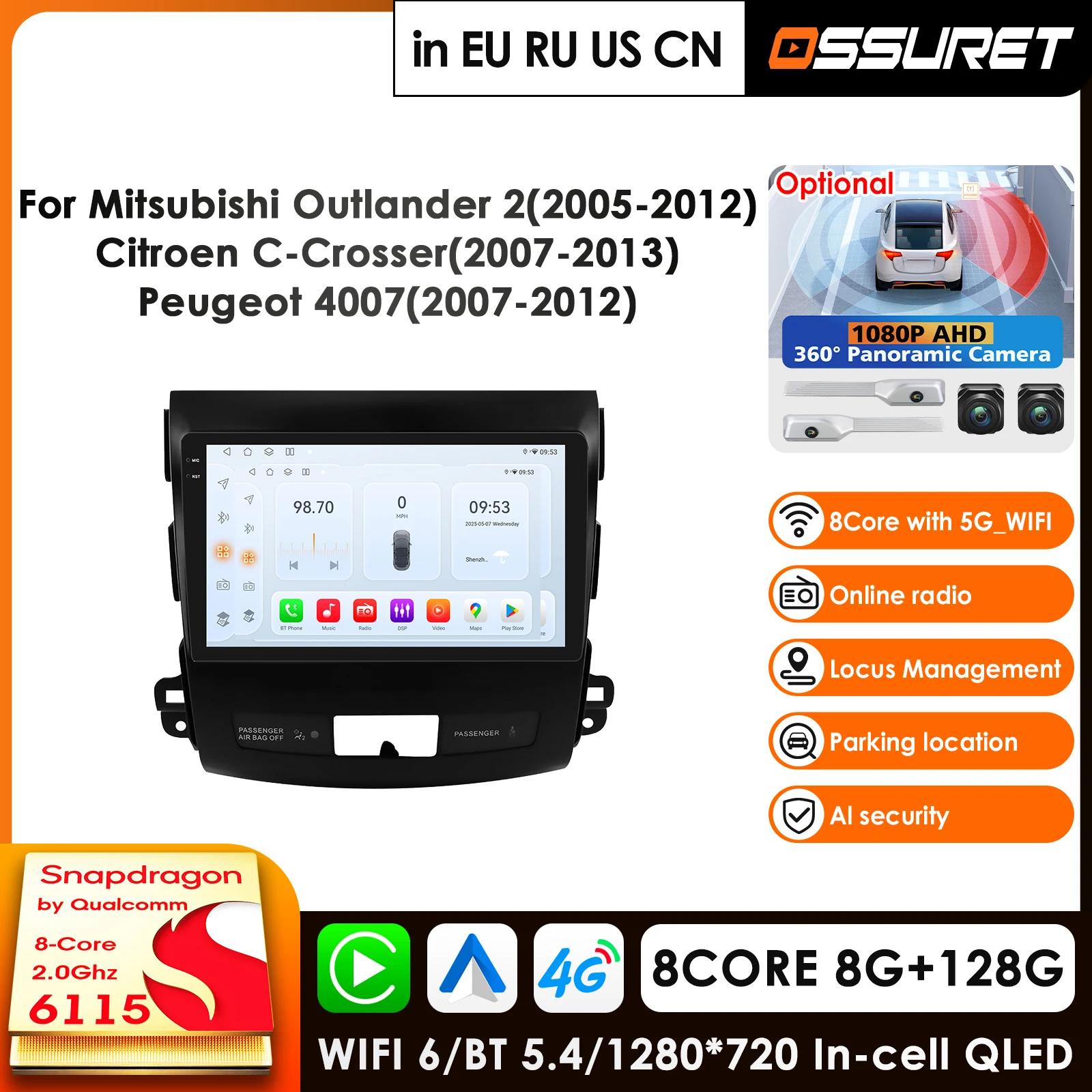 

Автомагнитола Android 14 для Mitsubishi Outlander XL 2, Peugeot 4007, Citroen C-Crosser, видеоплеер, GPS, 4G, мультимедиа