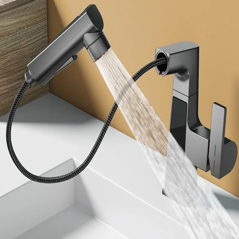 Bathroom faucet Pull-out liftable hot and cold water smart digital display single-hole washbasin retractable faucetG3/8G1/2