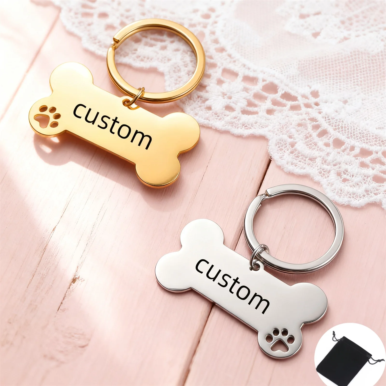 Customized Pet Name Pattern Number Keychain Stainless Steel Personalized Dog ID Tag Dog Footprint Keychain Customized Dog Gift