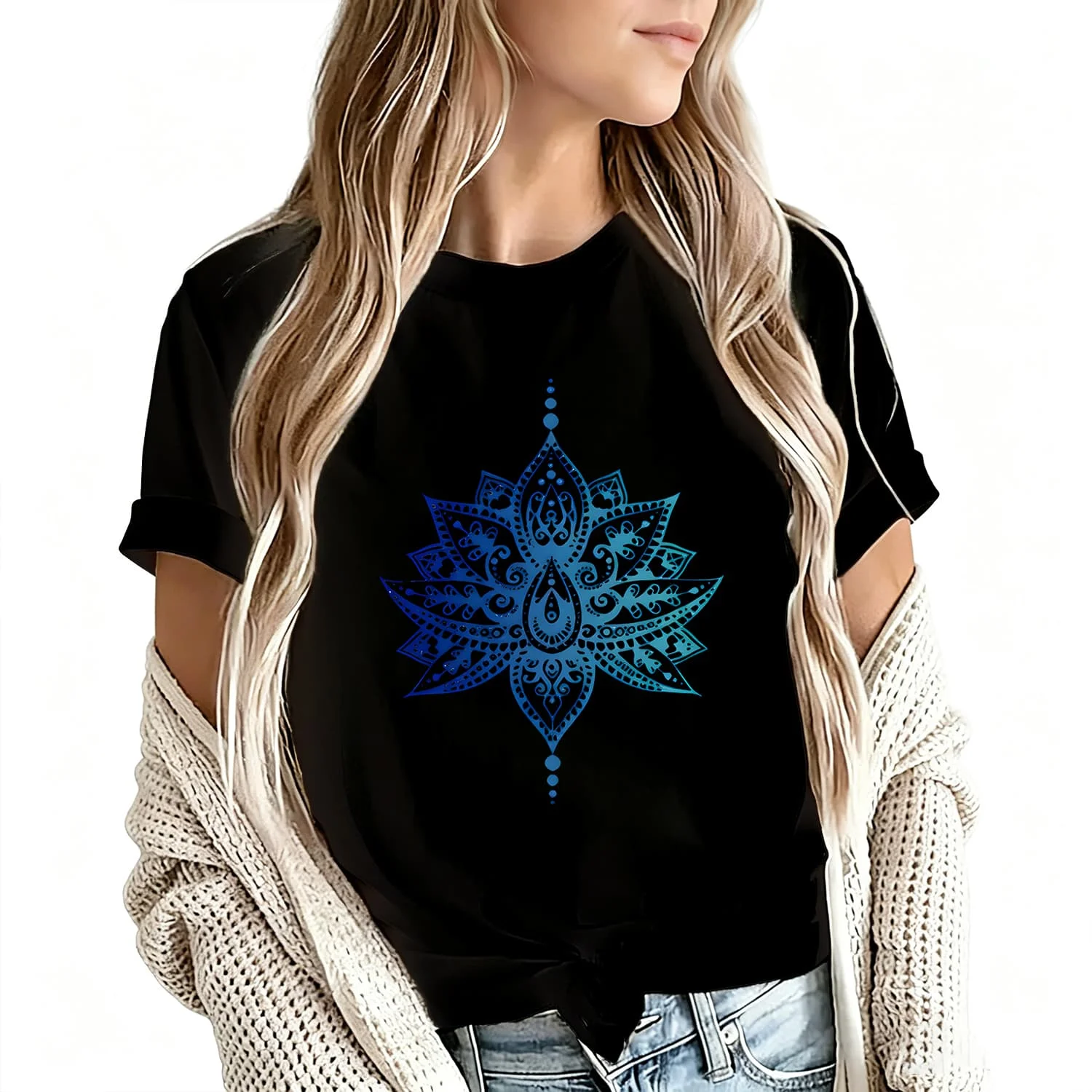 Blue Mandala Floral Print Women's T-Shirt 100% Cotton Funny Graphic Short Sleeve Tee Novelty Shirt Casual Crew Neck Top S-5Xl