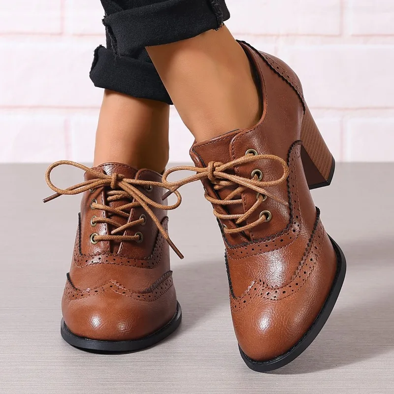 Women Ankle Boots High Chunky Heels Fashion Pumps Green Grey Round Toe  Dress Office Lady Oxford Retro Women Shoes Lace Up Derby