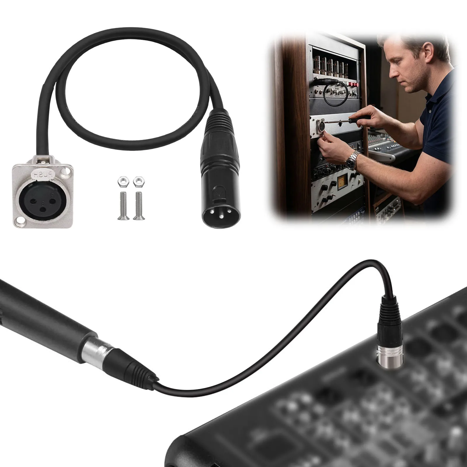 3Pin XLR Pass Through Cable Male To Female Floor Box Cable No Solder with Mounting Screws for Stage Box Patch Panel