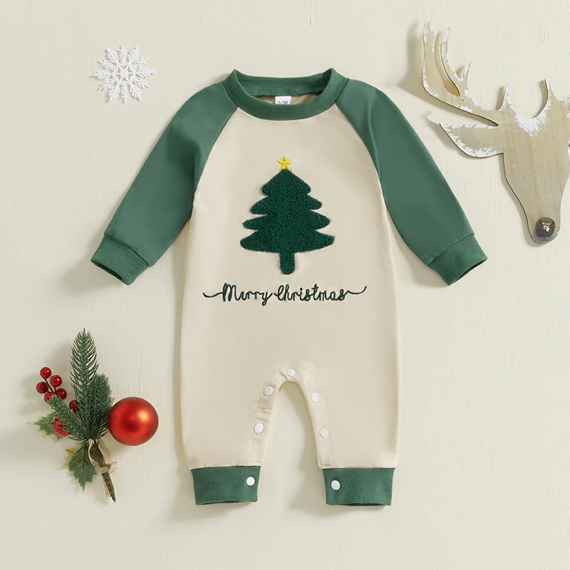 2024-09-05 Lioraitiin Baby Boy Christmas Jumpsuit Christmas Tree Letter Embroidered Round Neck Raglan Long Sleeve Romper