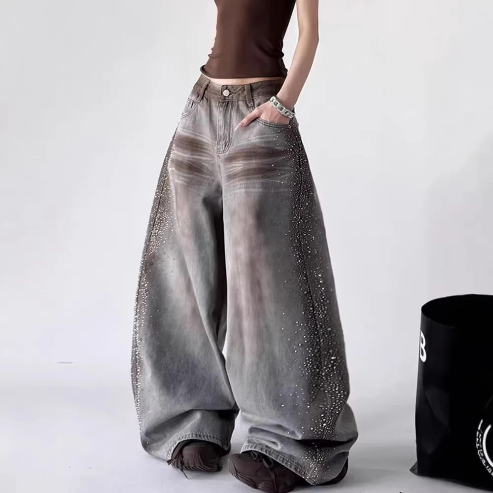 

2026 New American Vintage Washed Rhinestone Jeans Women Y2K High Street Baggy Wide Leg Denim Pants Korean Fashion Streetwear