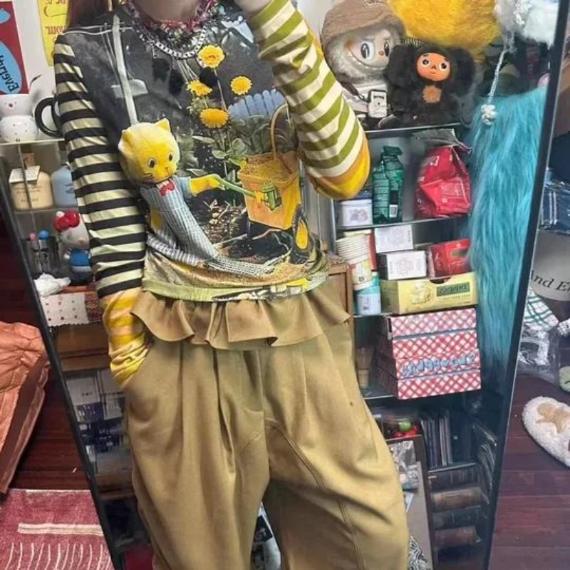 ديبتاون Y2K الكرتون Juminocore التباين اللون مخطط المرأة تي شيرت Kawaii طويلة الأكمام اليابانية 2000s نمط تيز سليم الشباب #3