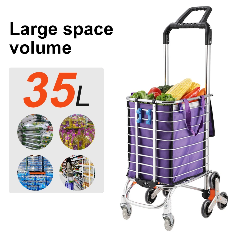 35L Aluminium Portable Supermarket Home Collapsible Folding Grocery Shopping Cart 6 8 Wheels Stair Climbing Handcart