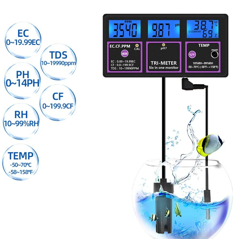 VEHO-PH-116 6 In 1 Water Quality Tester Digital PH Meter PH/Temp/EC/CF/RH/TDS Monitor Water Detector For Pool EU Plug