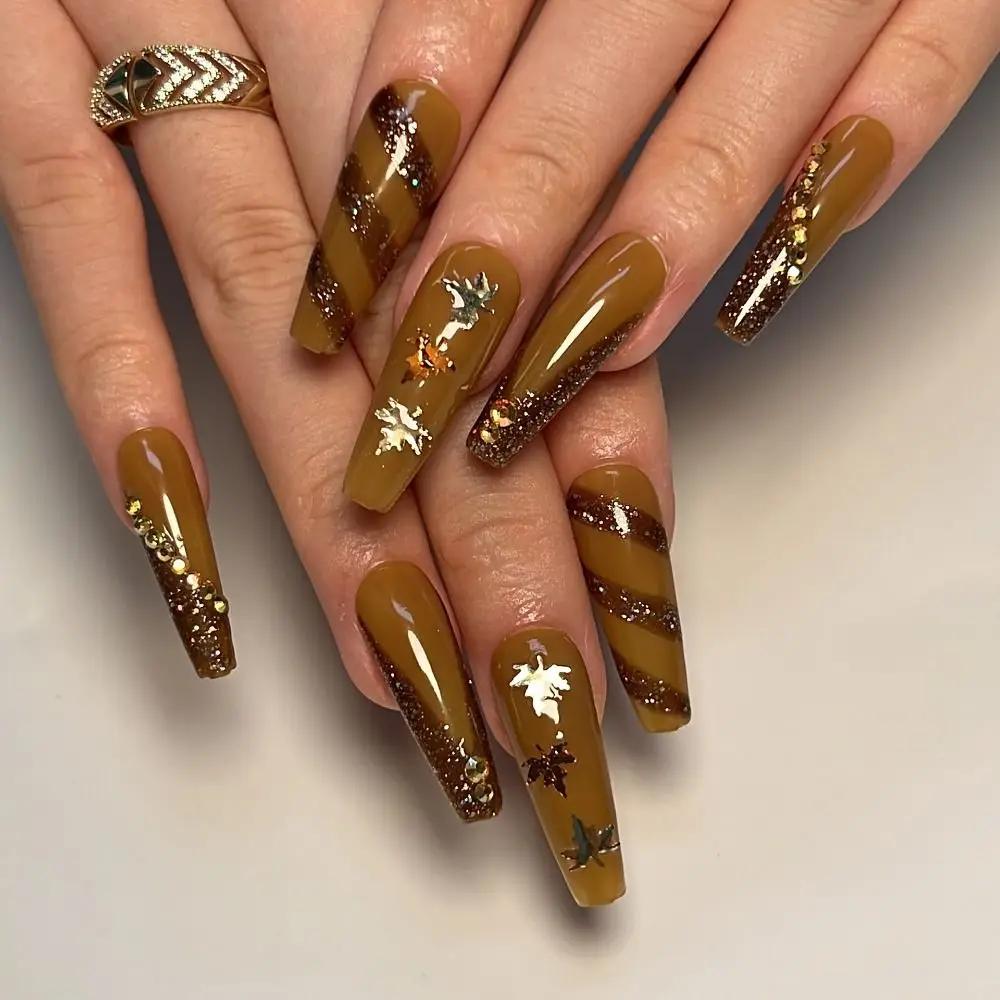 New Long Ballerina False Nails Purple Flowers Flame Nail Tips Full Cover Maple Brown Press on Nails DIY