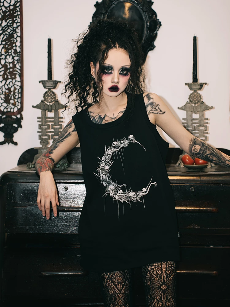 Gothic Punk Style Street Dance Tattoo Artist Double Head Swallow EKHLAS Dark Moon Streetwear Tank Top for Teen Boys