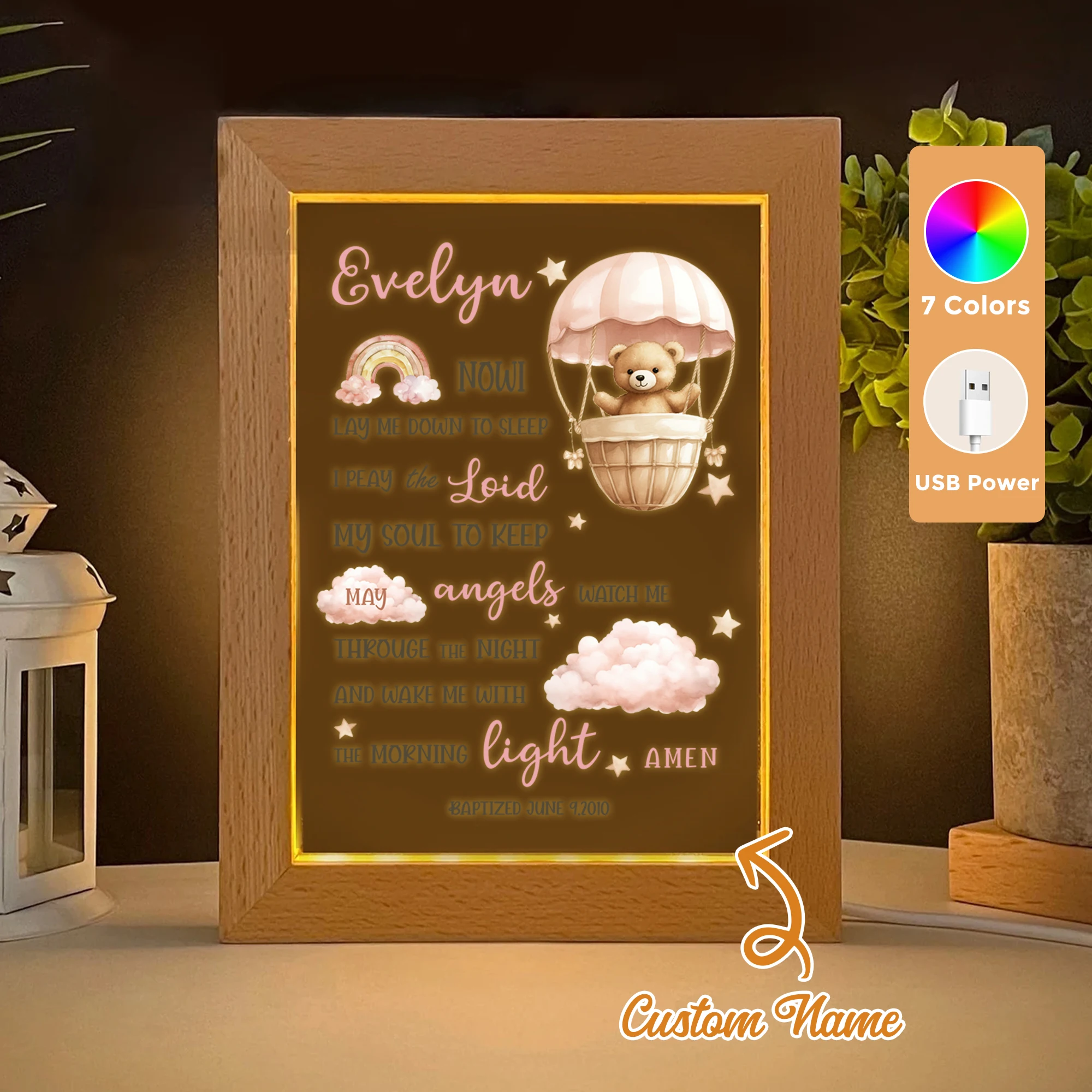 

2D Flat Custom Name Christian Bible LED Acrylic Night Light Wood Photo Frame 21x17cm Family Bedroom Gifts Home Decor