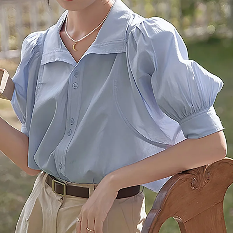 

Summer Puff Sleeve Single Breasted Women's Blouses 2025 New Short Sleeve Elagant Korean Office Lady Casual Loose Shirts Female