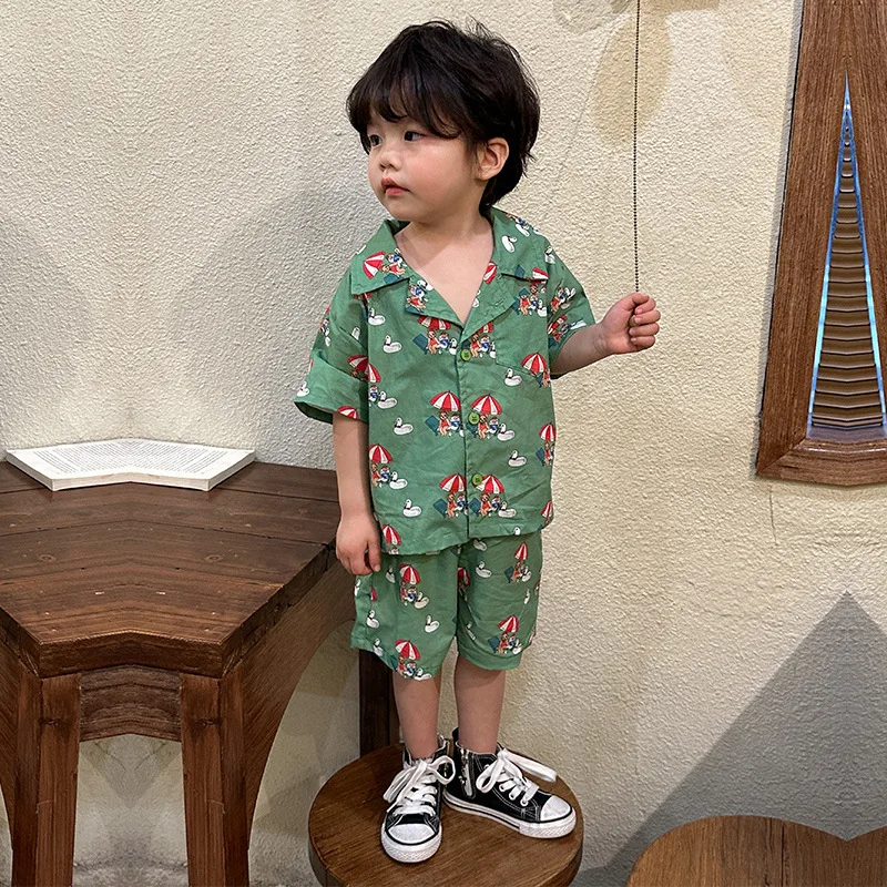 2024 Summer New Children Brother Sister Clothes Set Boys Shirts Shorts Suit Girls Cotton Dress Kids Cartoon Print Casual Outfits