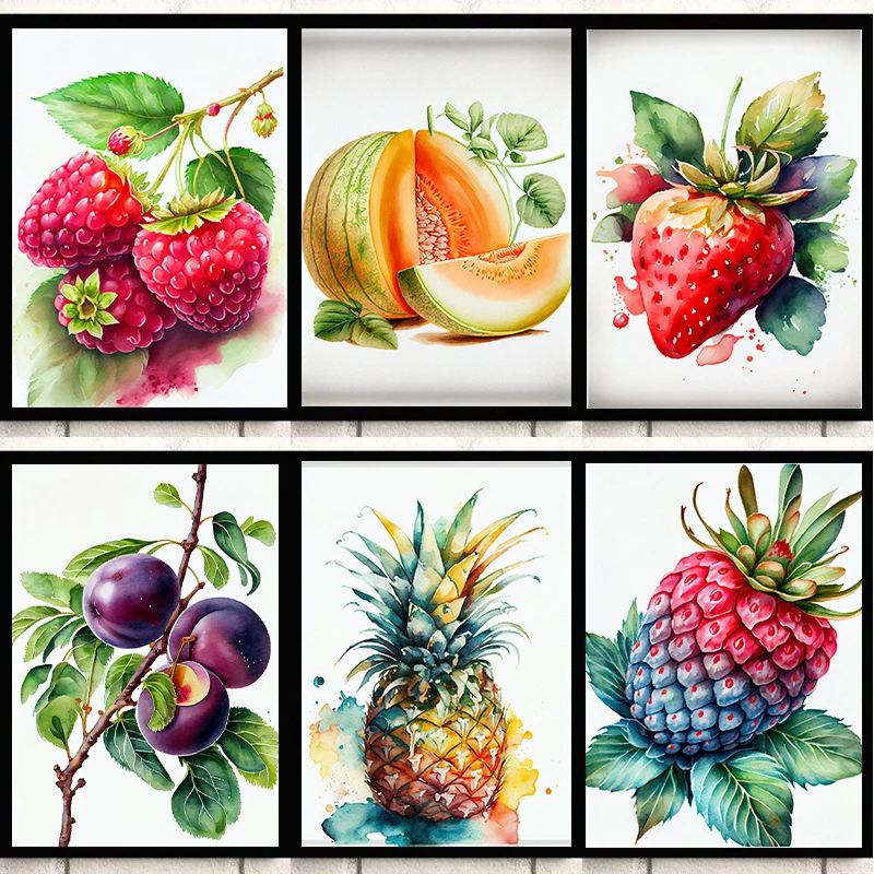 Póster de melón, fresa, frambuesa, ciruela, piña, pintura en lienzo, arte de pared, imagen para habitación, decoración del hogar y cocina