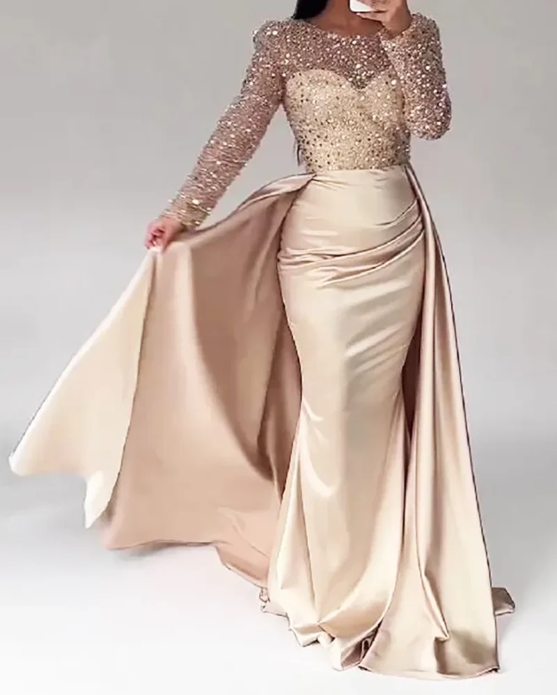 2023 New Elegant Luxury Dubai Evening Dresses For Woman O Neck Long Sleeves Beads Sequin Formal Prom Wedding Party Dress