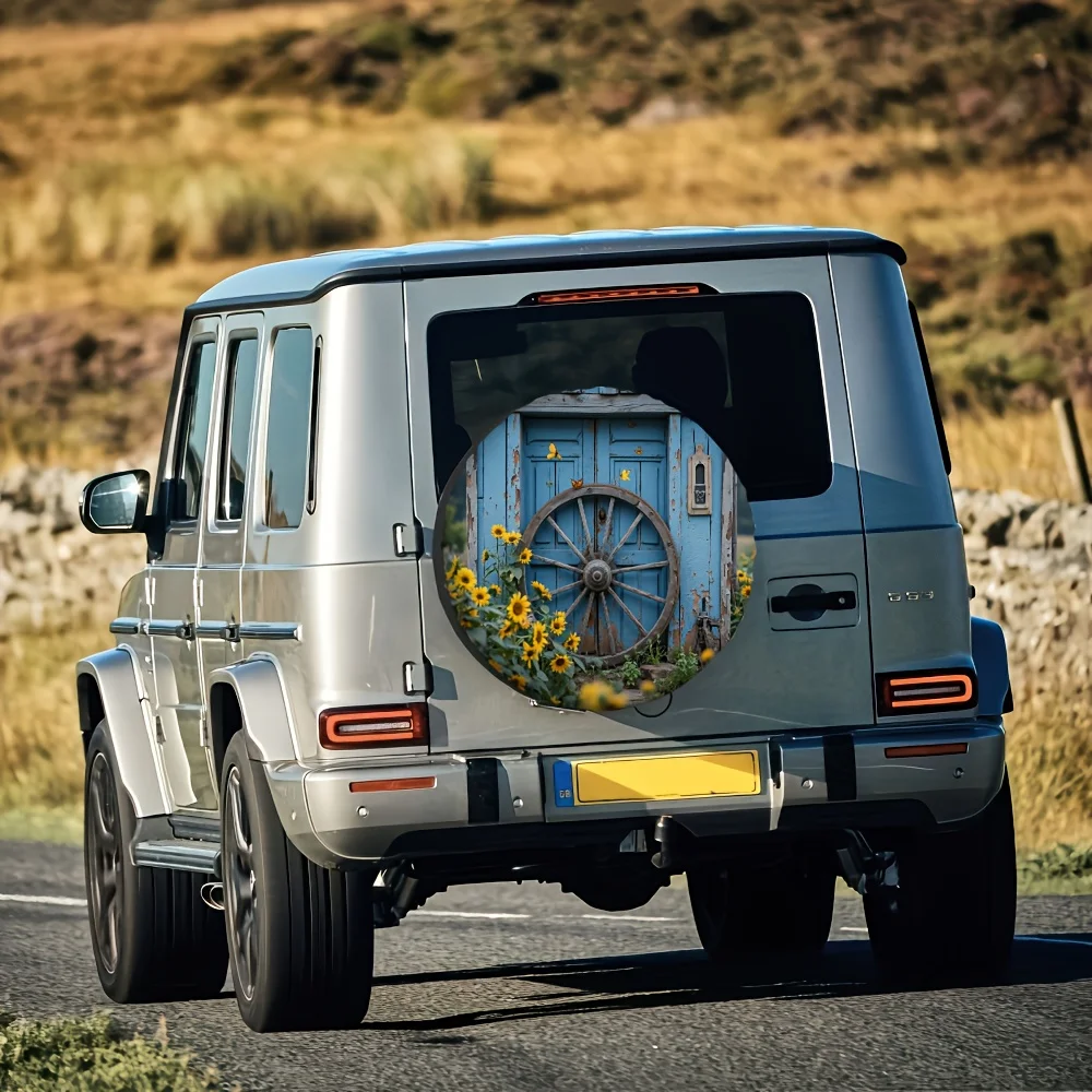 1pc Of 2D Flat Printed Tire Cover Featuring Sunflowers And Butterflies, Made Of 100% Polyester, Suitable For Off-Road Tire Cover