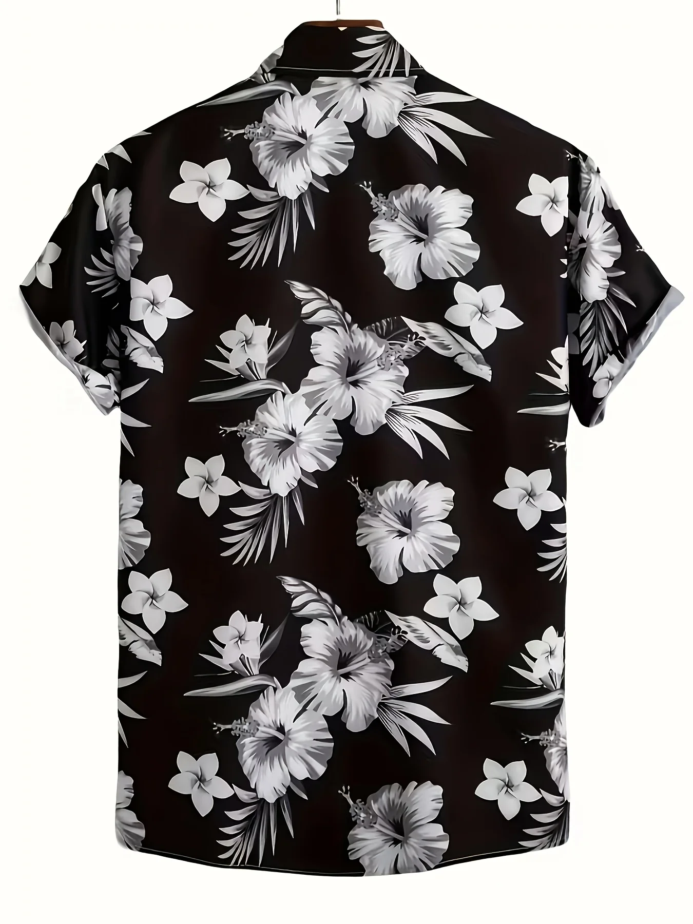 Men Black White Plumeria Palm Leaf Simple Tropical Beach Short Sleeve Shirt