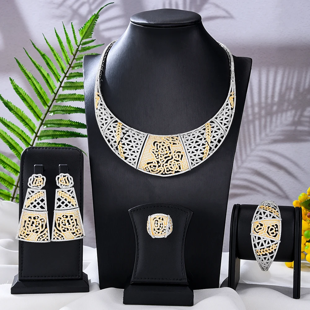 GODKI Fashion Hollow Flowers 4PCS Nigerian Jewelry Set For Women Wedding Party Zircon CZ Indian African Bridal Jewelry Set 2020