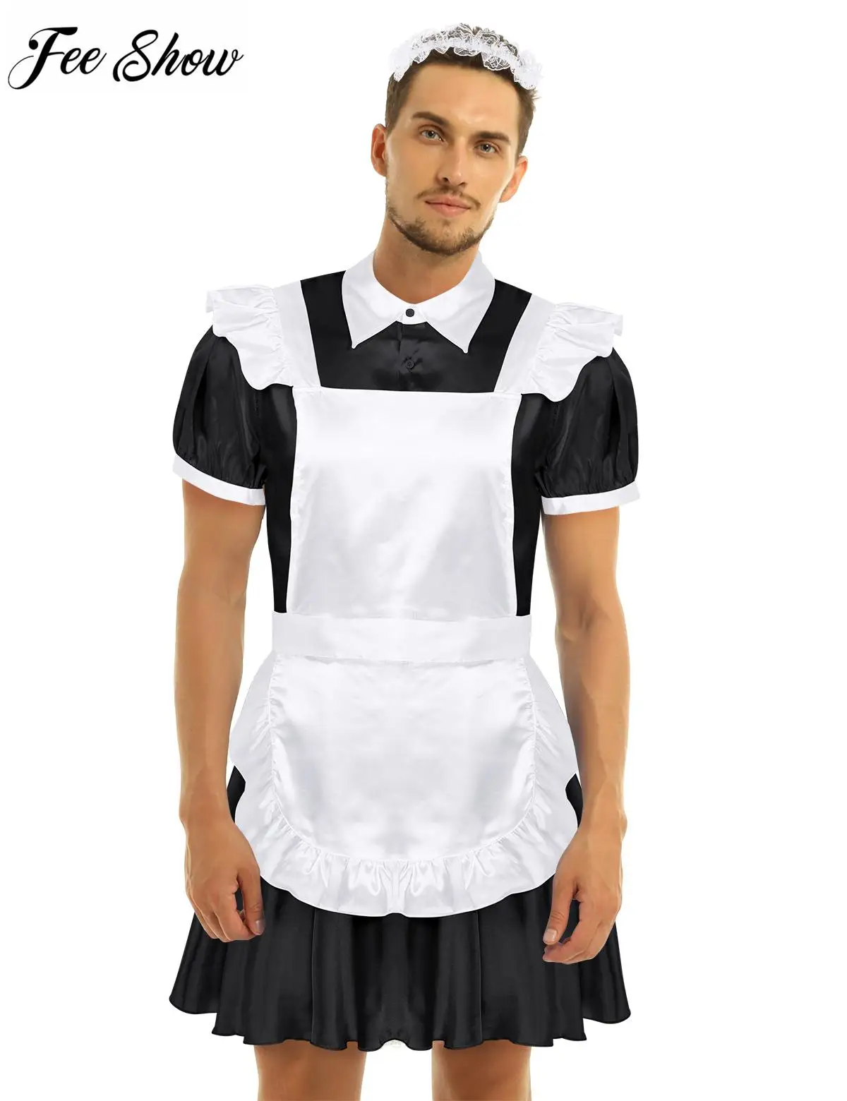 3 Stück Männer Erwachsene Sissy Maid Cosplay Kostüm Outfit Turn-Down Kragen Puff Ärmel vorne Button Down Kleid mit Schürze und Stirnband