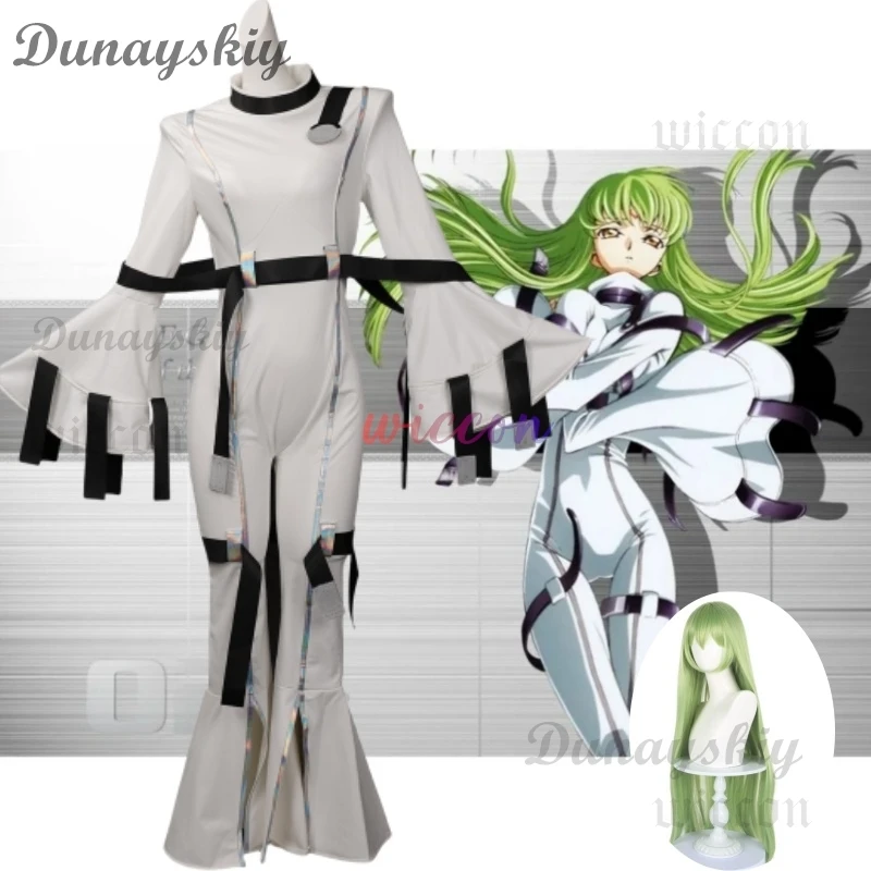 Anime Code Geass Lelouch Of The Rebellion C.C. Cosplay Costume Sexy White Tight Leather Jumpsuit Uniform Wig Woman Party Suit