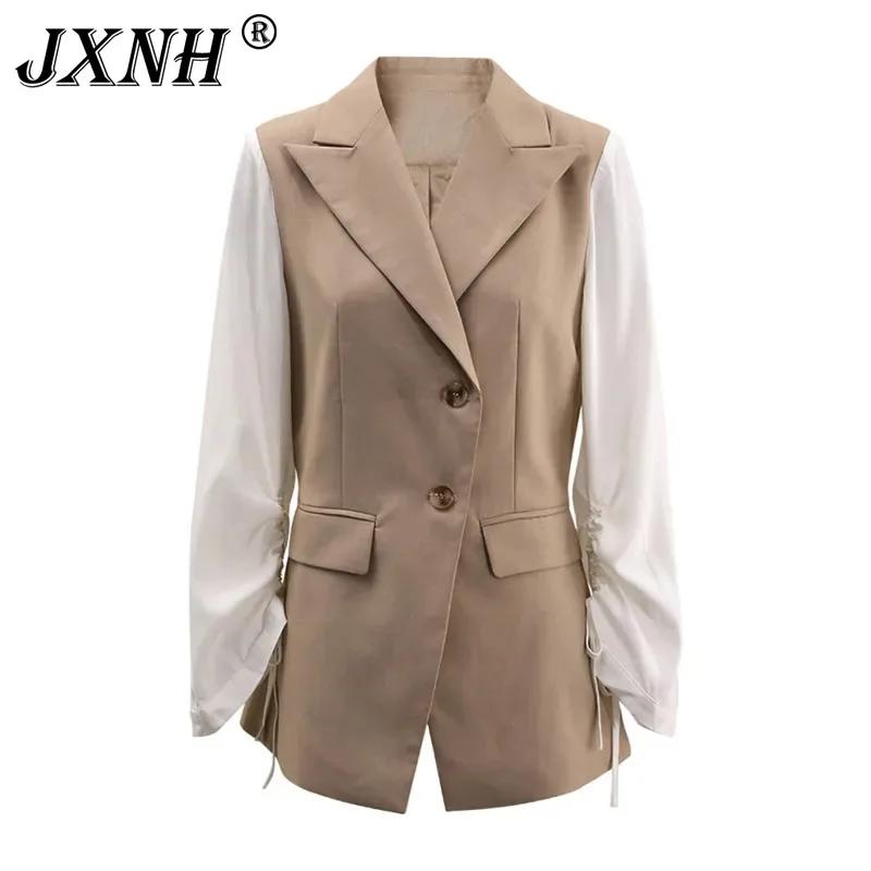 

Fashion Women's Patchwork Contrast Color Blazer Single Breasted Drawstring Long Sleeve Suit Jackets Summer 2024 New