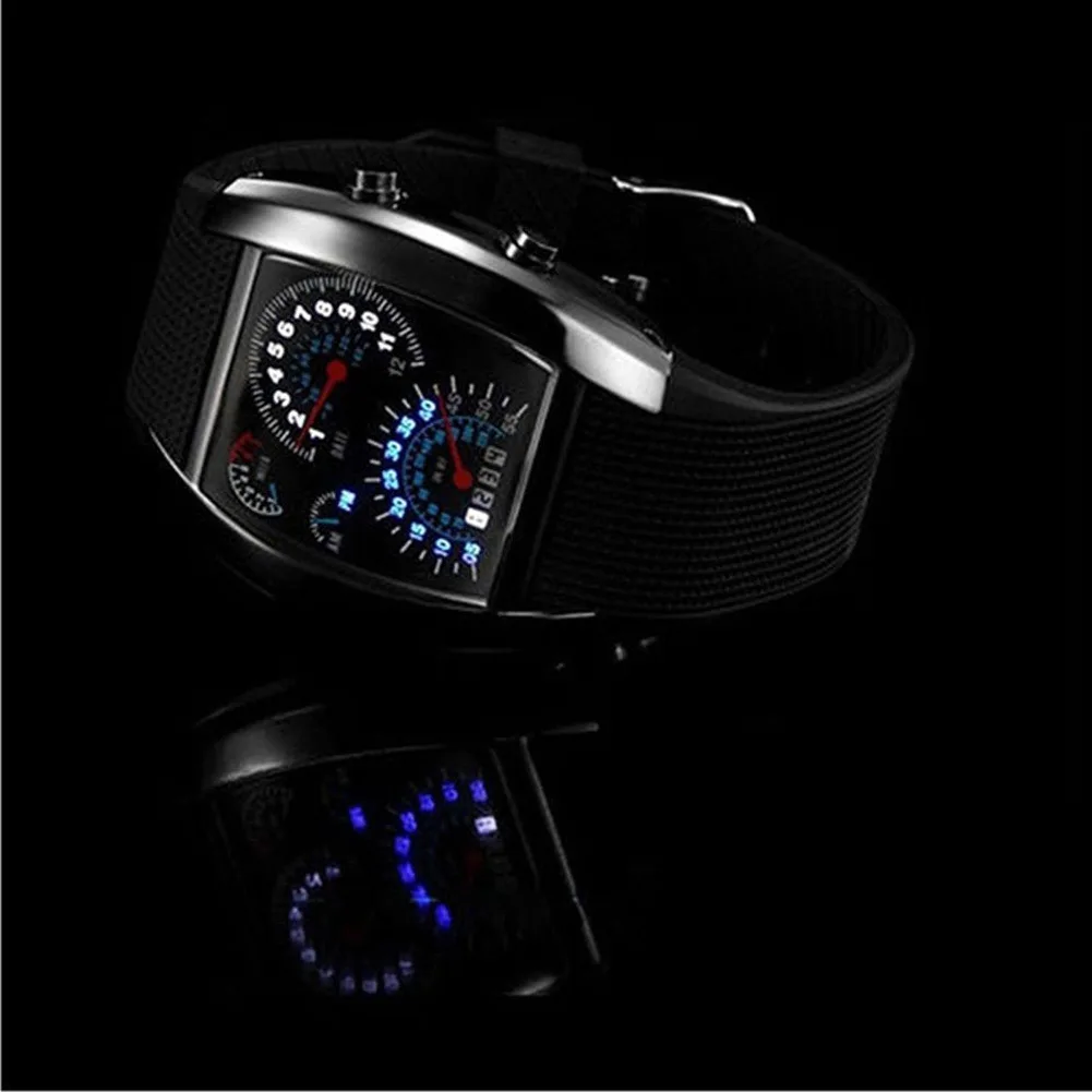 Men Fashion LED Sport Rubber Band Digital Week Date Dashboard Pattern Dial Watch