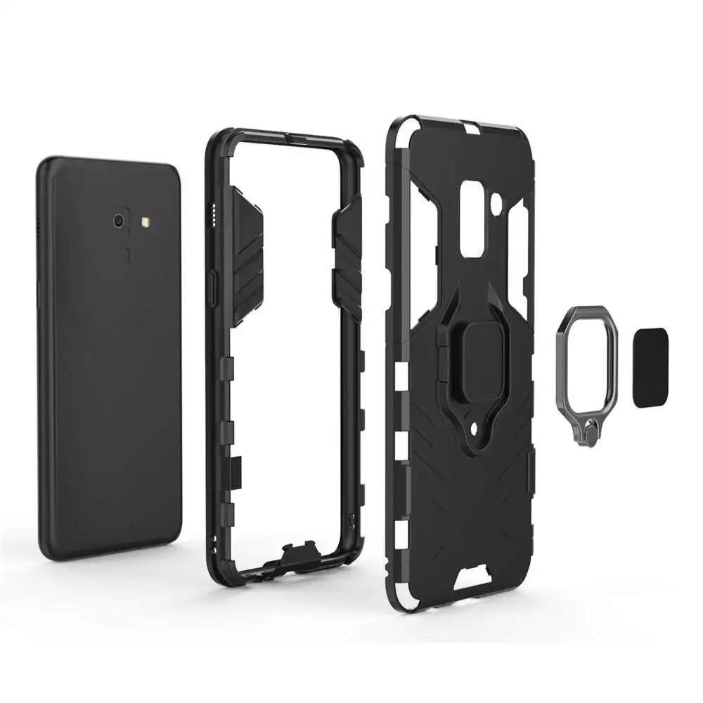 For Samsung Galaxy A8 2018 Phone Case, Silicone TPU and Hard PC Luxury Armor Shockproof Metal Ring Holder Cover Casing