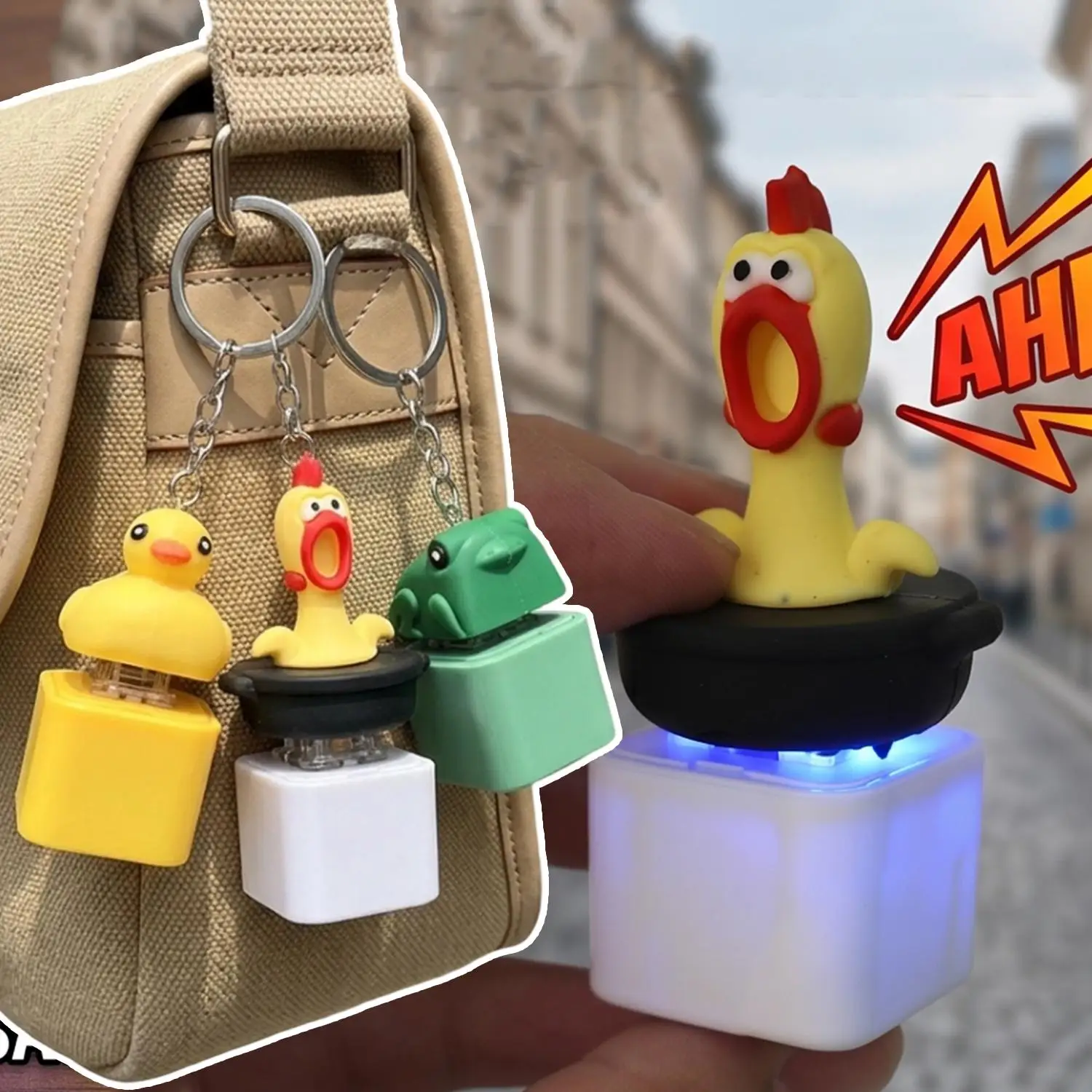 Scream Voice Yellow Chicken Duck Frog Keychain Rubber Squeeze Sound Light Press Button Stress Relief Fidget Bag Pendant Gifts