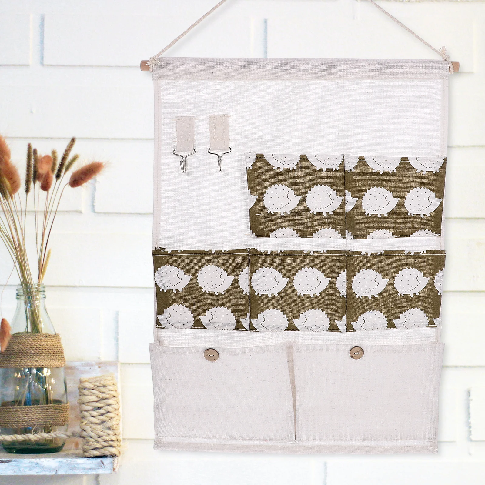 

Wall Hanging Storage Bag Cotton Blend 2 Hooks 2 Large 5 Small Pockets Closet Organizer Over Door Storage