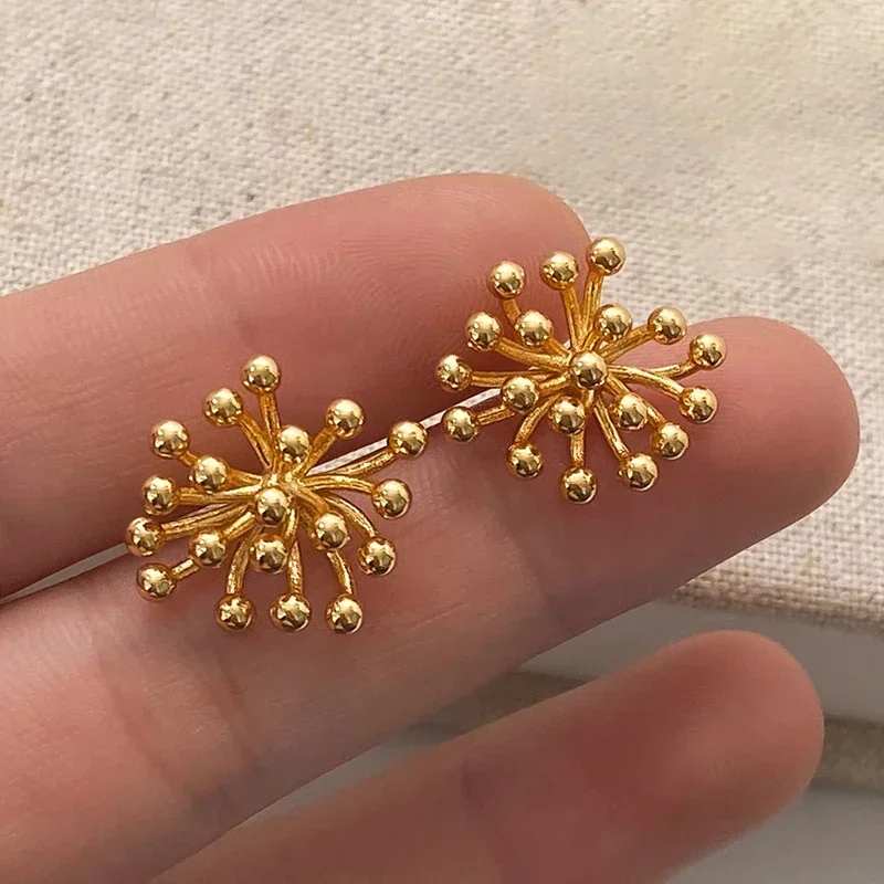 

Real 925 Sterling Silver 18K Gold Fireworks Bead Stud Earrings for Women Minimalist Vintage Fine Jewelry Flower Accessories